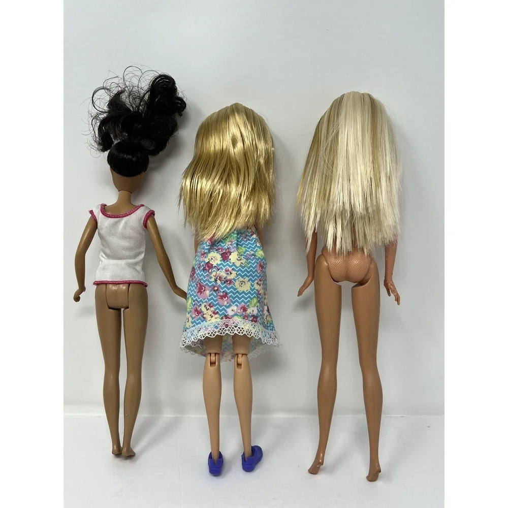 Barbie Doll Lot Of 3 Nude Blonde Hair, Pink Blue Dress, Brunette in white Shirt